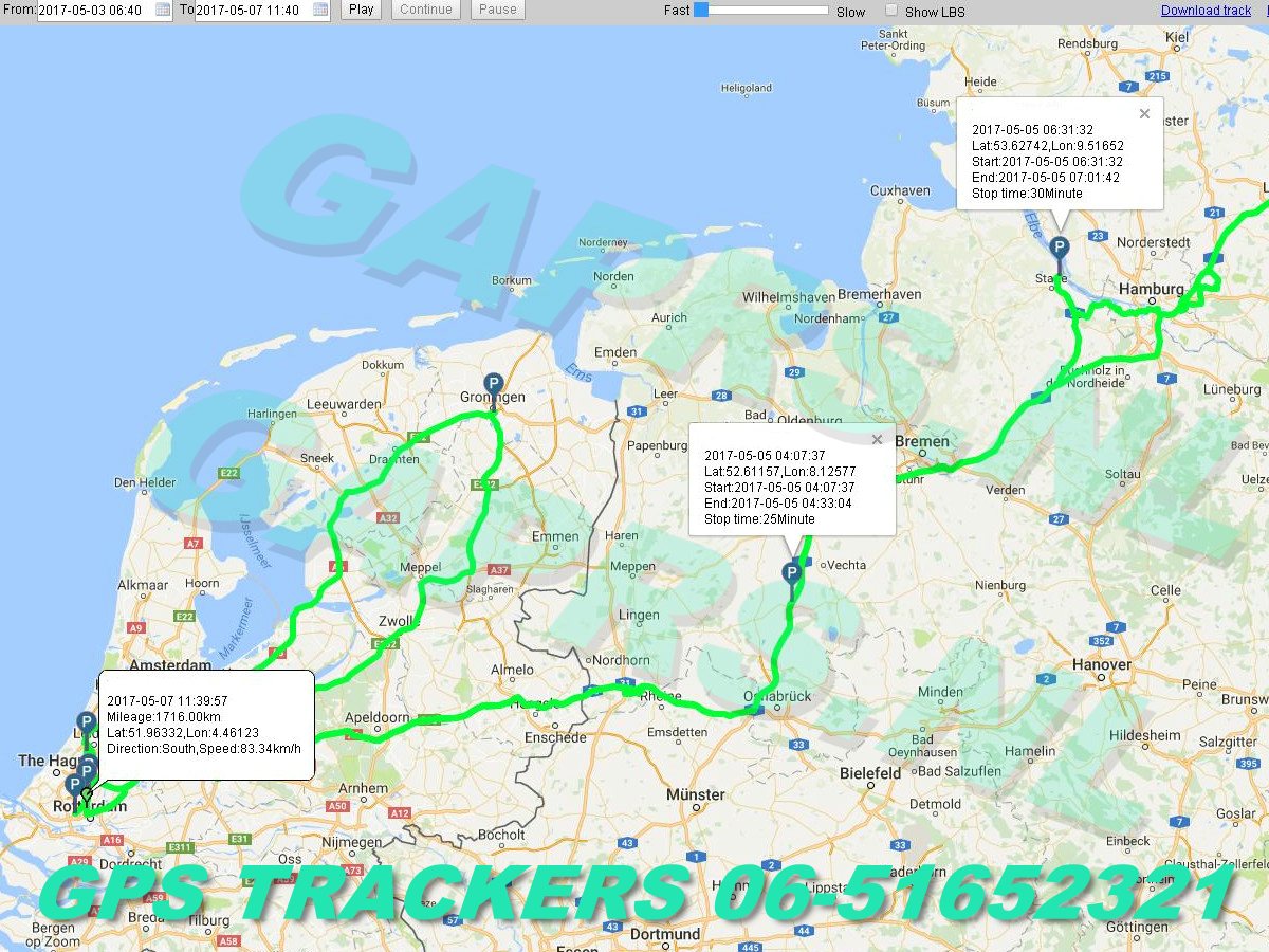 GAPRS   gebruiksklare magnetische gps tracker kaart  route naar Noord Duitsland